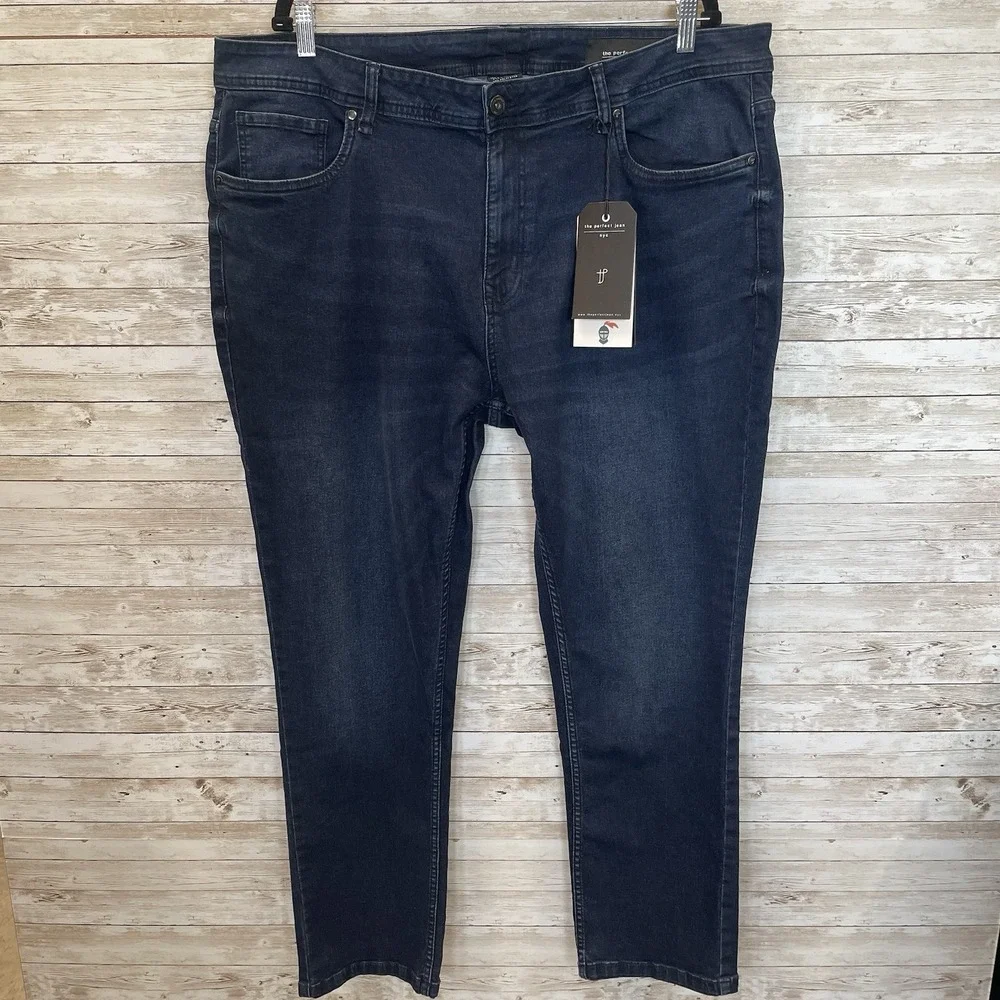 NWT NYC The Perfect Jean Mens 42x28 Jeans Slim Fit Blue Dark Wash Stretch NEW‎